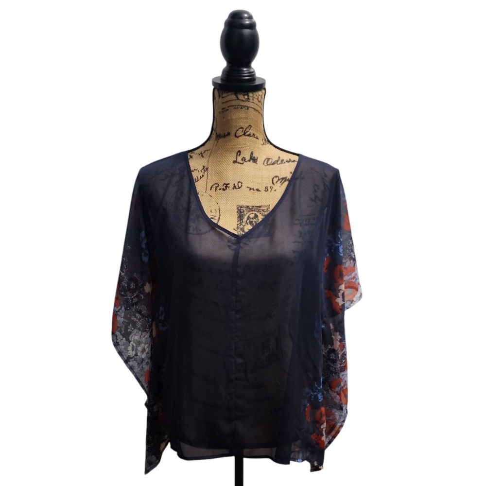Lauren Conrad Floral Print Kimono Top‎ Sheer Overlay Blouse S/M